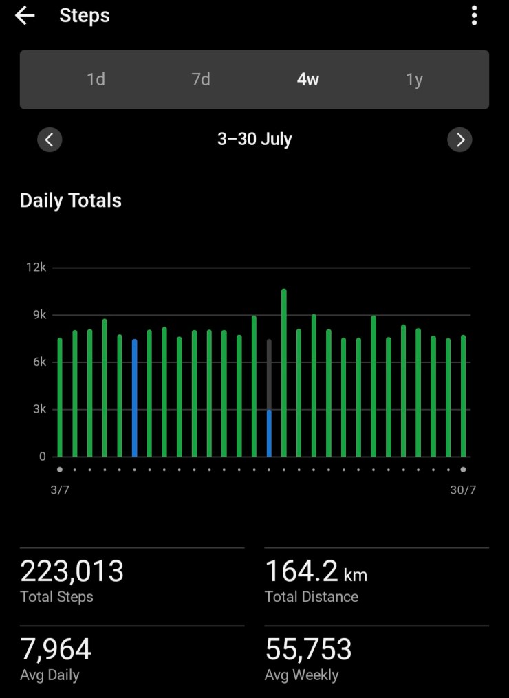 Garmin graph of steps in 4 weeks of July